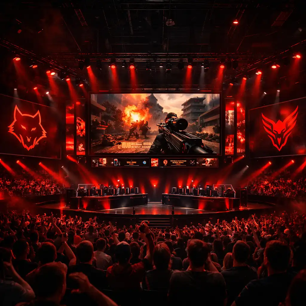 Dynamiczna scena turnieju esportowego z publicznością i zawodnikami na scenie