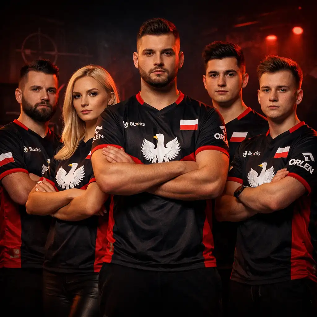 Zawodnicy drużyny esportowej siedzący przy stanowiskach gamingowych podczas meczu