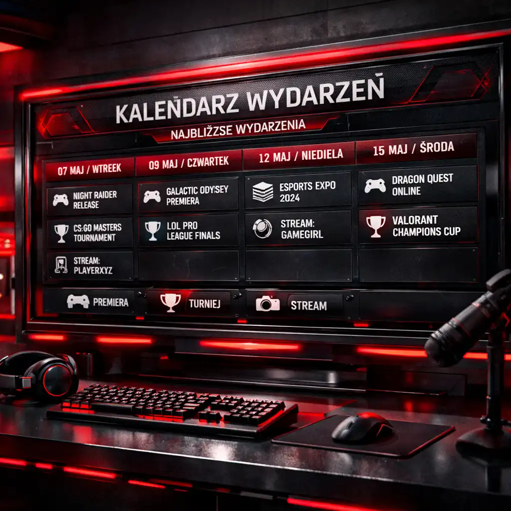 Stylizowany kalendarz gamingowy z zaznaczonymi wydarzeniami i premierami