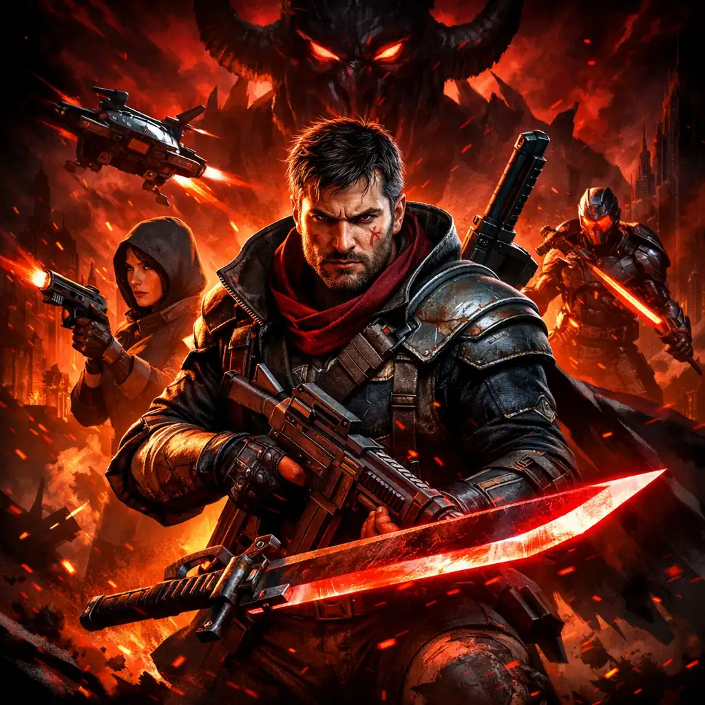 Okładka gry Crimson Nexus: Uprising z futurystycznym miastem w czerwonej poświacie