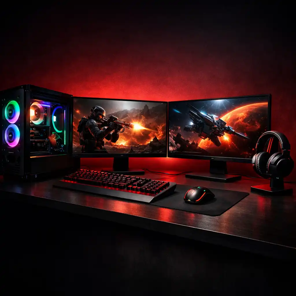 Nowoczesny setup gamingowy z podświetlanym sprzętem i monitorem ultrawide